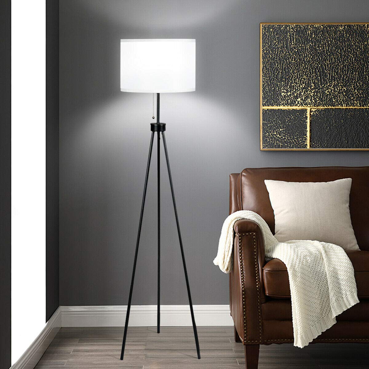 60.5" Metal Tripod Floor Lamp, Contemporary Minimalist Standing Floor Light with Iron Legs