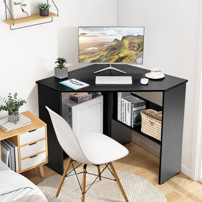 Corner Computer Desk Space-Saving Triangular Writing Desk w/ 2 Storage Shelves & 2 Cable Holes