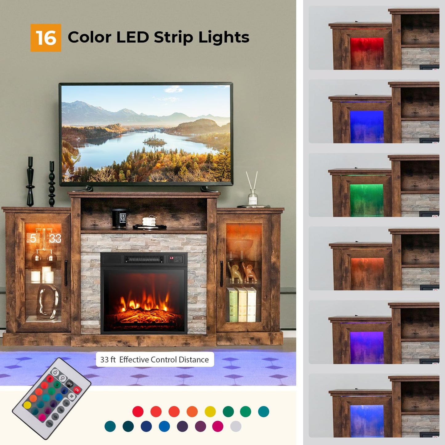 Fireplace TV Stand with LED Lights for TV up to 65”, Entertainment Center with 18” Electric Fireplace