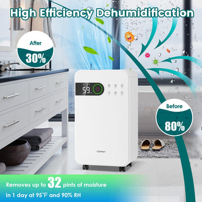 Dehumidifier for Basement, 32 Pints Dehumidifier with Sleep Mode, 24H Timer, 3-Color LED Indicator Light