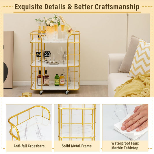 Gold Rolling Bar Cart 3-Tier Kitchen Utility Cart