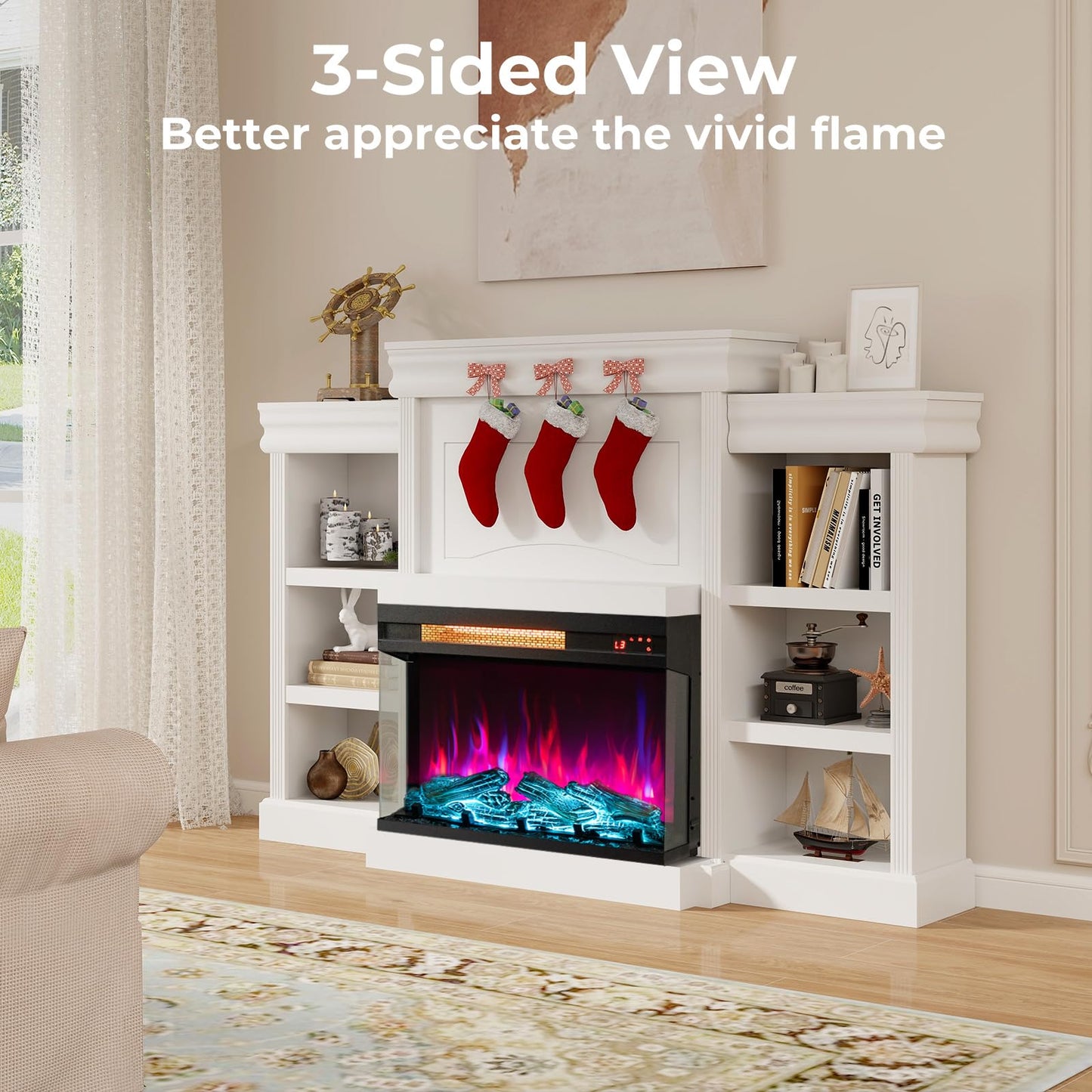 23 Inch 3-Sided Electric Fireplace 1500W Recessed Fireplace Insert w/ 7-Color Flame & Adjustable Brightness