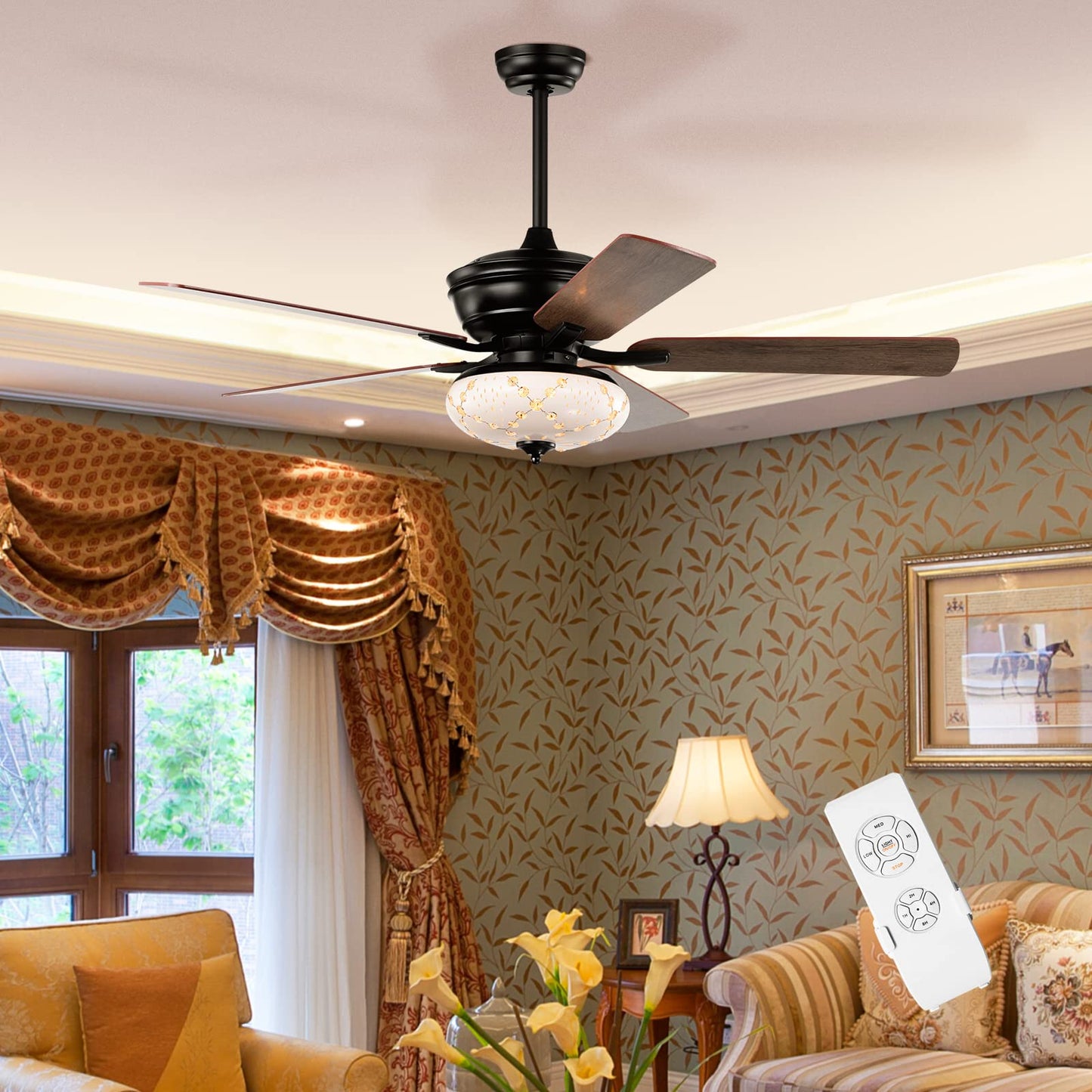 52-Inch Ceiling Fan with Remote Control, Crystal Ceiling Fan with 3 Wind Speeds and 5 Reversible Blades