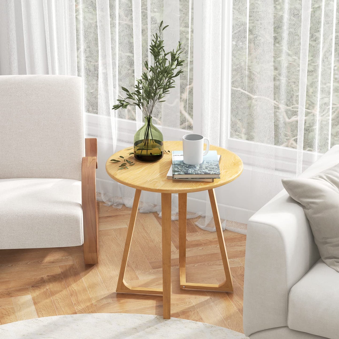 24” Round Side Table Solid Rubber Wood End Table Compact Tea Table Beside Sofa or Bed