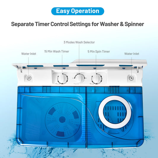Washing Machine Semi-automatic, Twin Tub Washer with Spin Dryer, 26lbs Capacity, Built-in Drain Pump