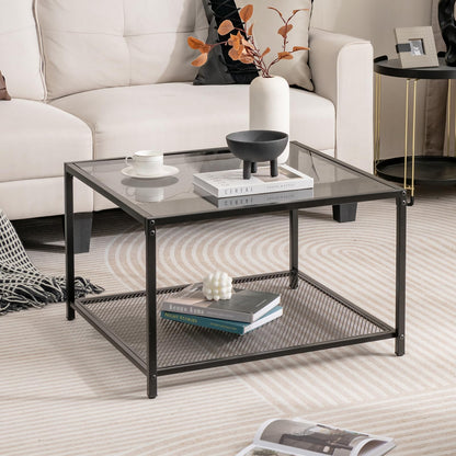 27.5” Square Glass Top Accent Table with Metal Frame