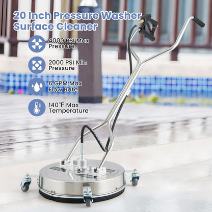 20" Pressure Washer Surface Cleaner with 4 Wheels, Dual Handle, Stainless Steel Housing