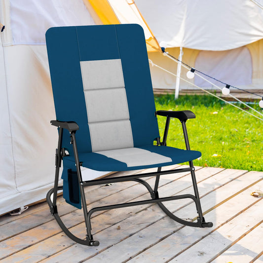 Oversized Folding Rocking Camping Chair Padded Portable Outdoor Rocker with Side Pocket and Hard Armrests for Patio