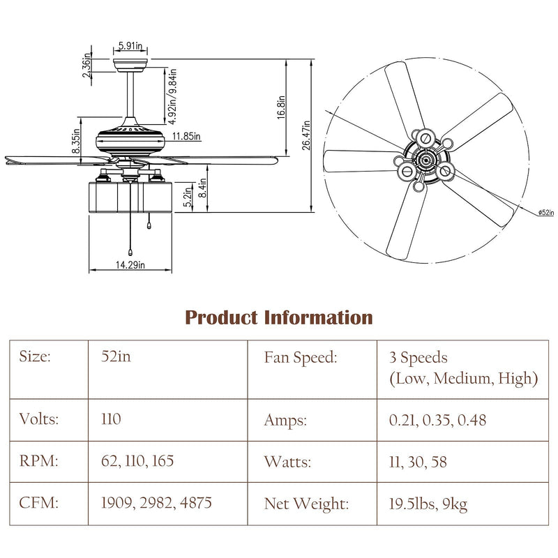 Ceiling Fan with Lights 52 Inch, Industrial Pull Chain Ceiling Fan with Lighting, Reversible Motor and 5 Blades