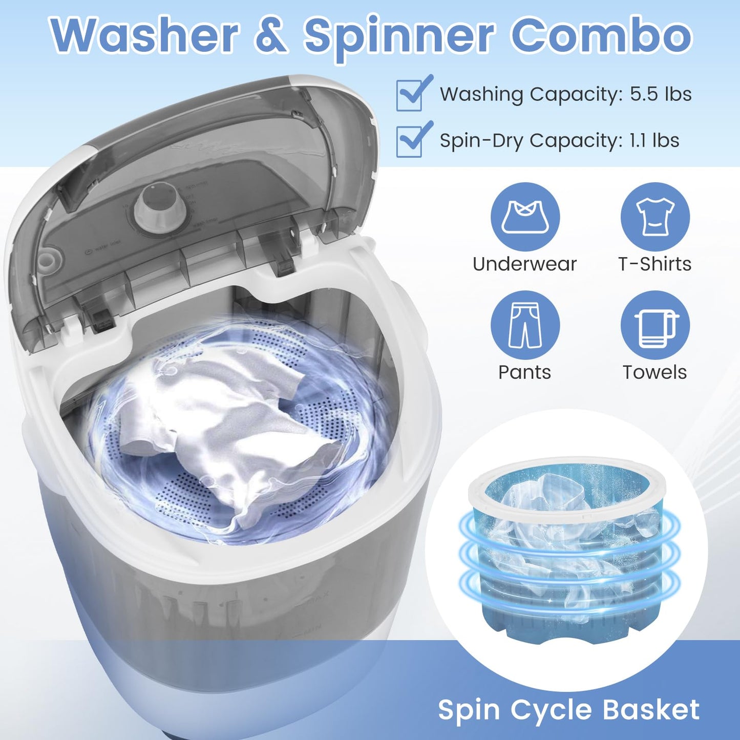 Portable Washing Machine, Mini Washer and Dryer Combo w/ 5.5lbs Washing Capacity, Spin Cycle Basket