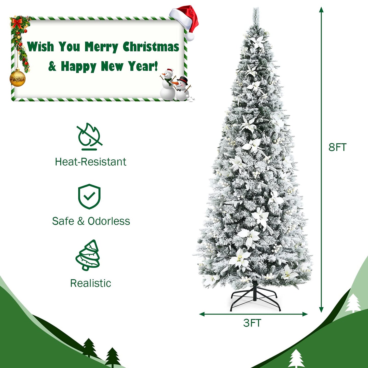 8 Ft Snow Flocked Artificial Christmas Tree w/ 807 Branch Tips