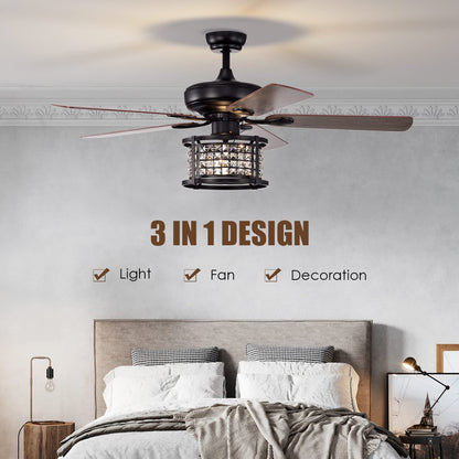 52-Inch Ceiling Fan Light, Crystal Ceiling Fan with Lights & Remote Control (Matte Black)