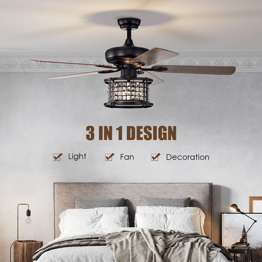 52-Inch Ceiling Fan Light, Crystal Ceiling Fan with Lights & Remote Control (Matte Black)