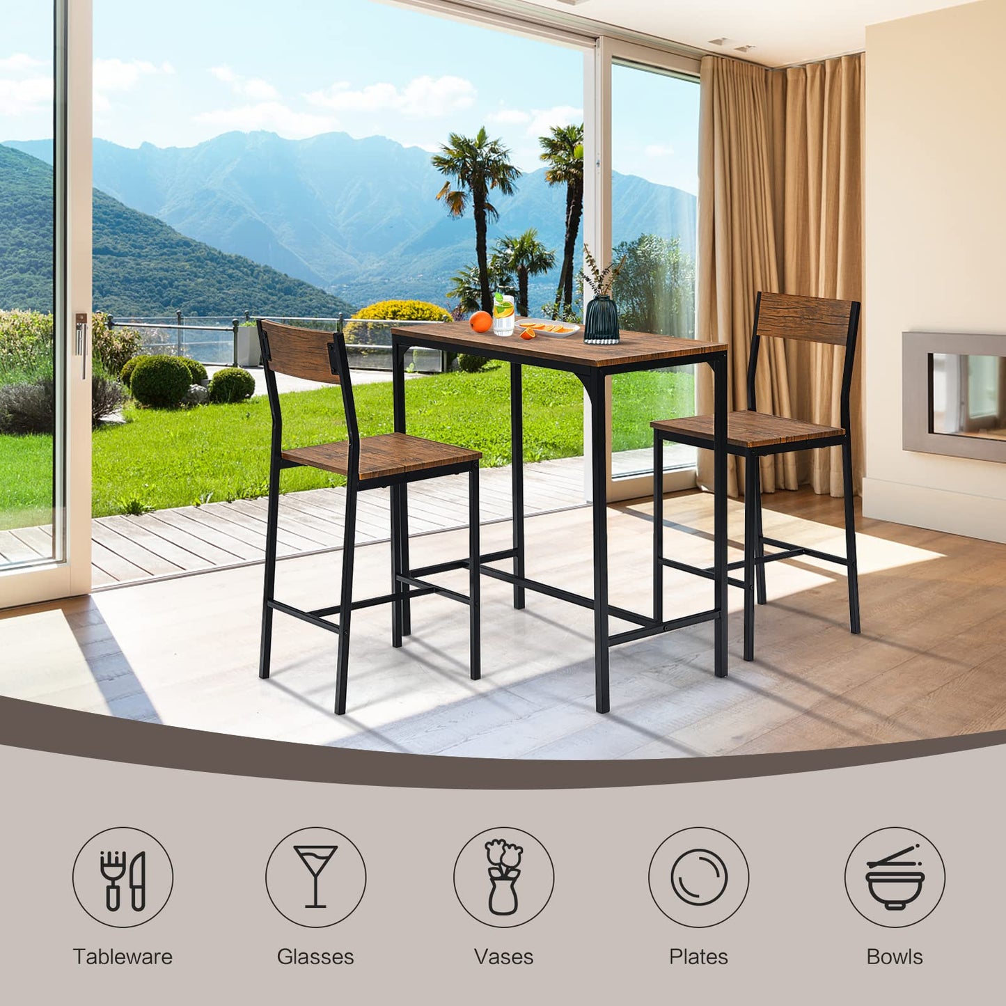 3 Pieces Bar Table Set Pub Table Set W/Heavy Duty Steel Frame