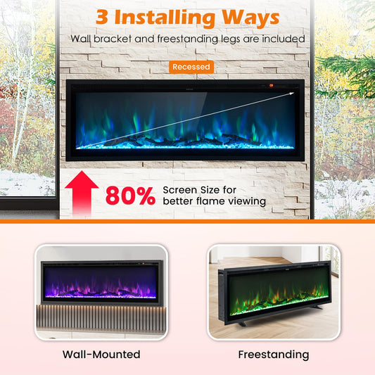 Electric Fireplace 50 Inch Wide with Crystal Decor and Log