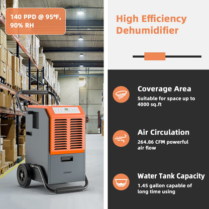 140 pints Commercial Dehumidifier, Industrial Dehumidifier with 1.45 Gallon Water Tank & Drainage Pipe