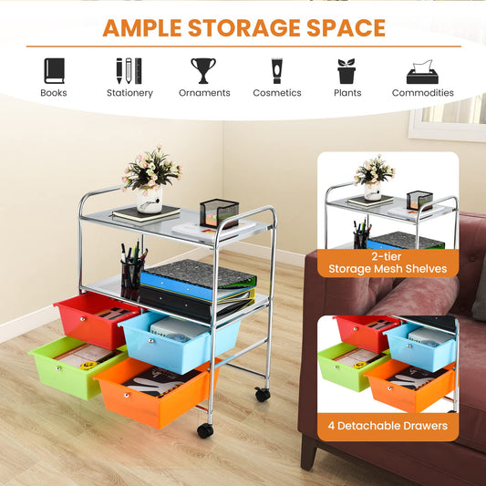 Rolling Storage Cart with 4 Drawers 2 Shelves for Home Office Kitchen Salon