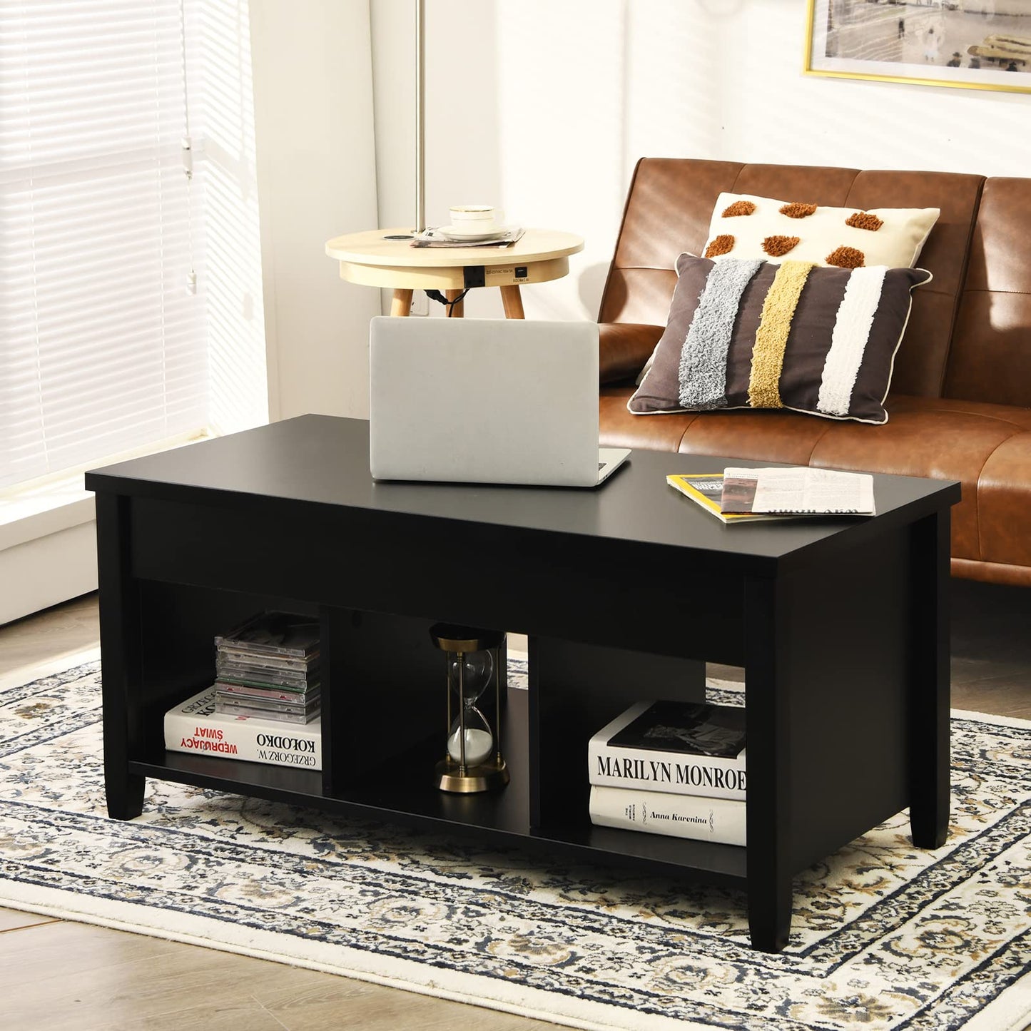 Lift Top Coffee Table with Hidden Storage Compartment & 3 Open Shelves