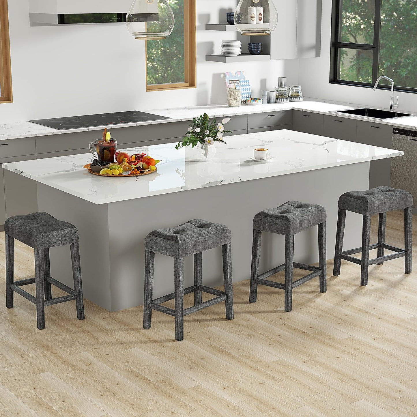 Wooden Saddle Stools Set 24-inch Counter Height Upholstered Backless Bar Stools with Solid Rubber Wood Legs