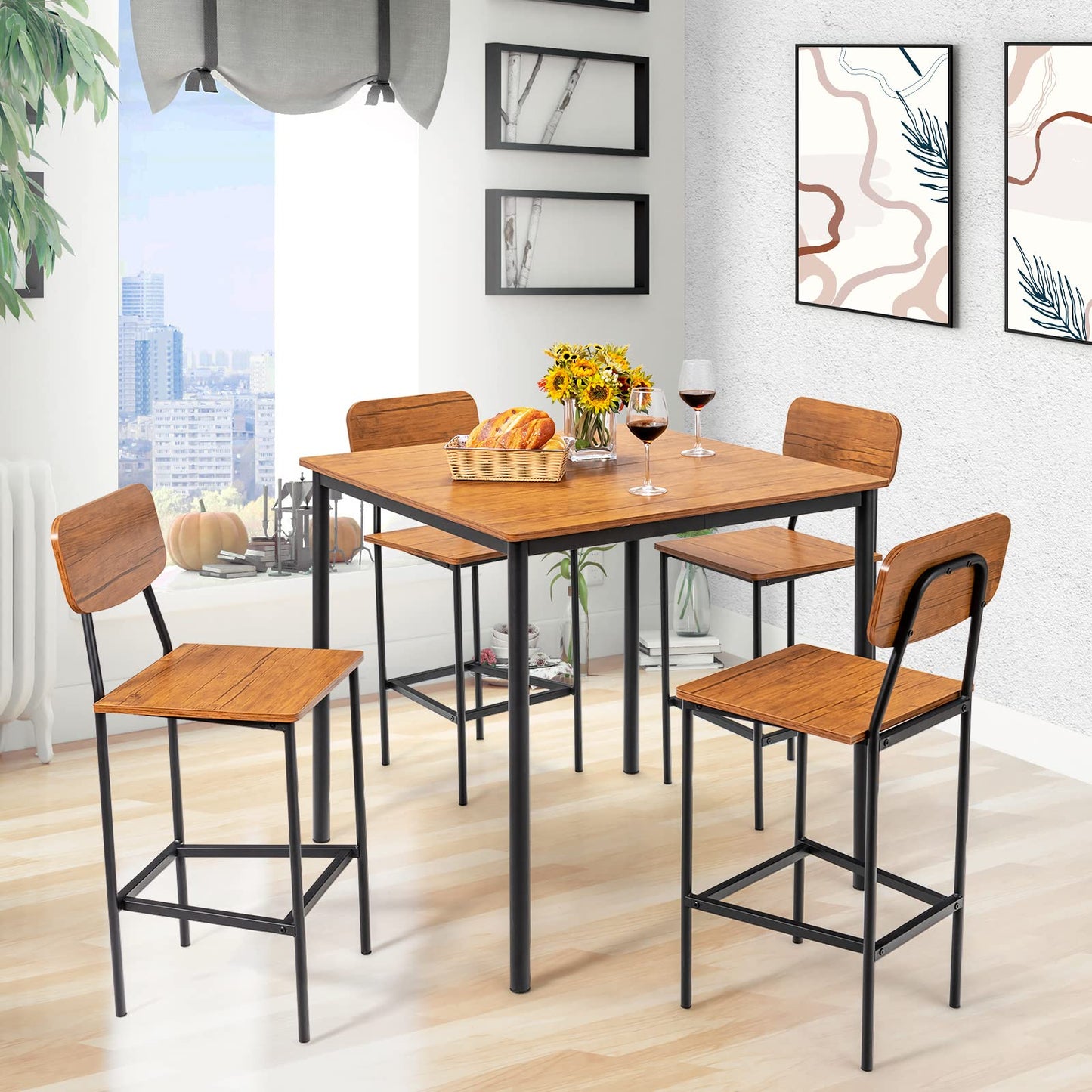 5 Piece Dining Table Set with 4 Bar Stools
