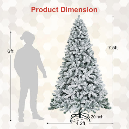 7.5 FT Snow Flocked Christmas Tree Artificial Holiday Hinged Pine Tree with 1010 Branch Tips