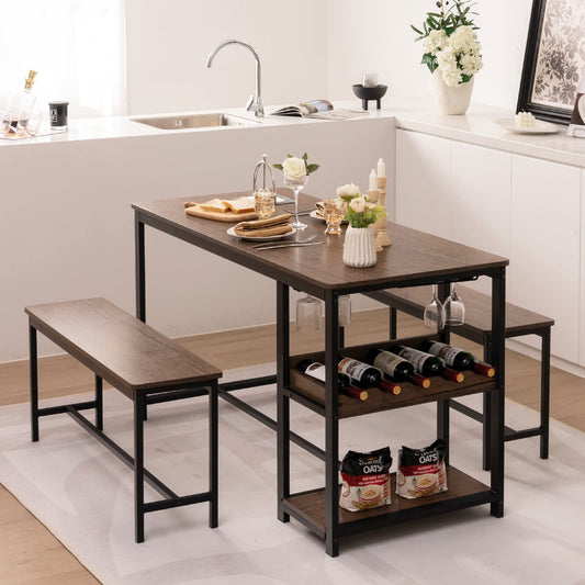 3-Piece Dining Table Set for 4 Rustic Pub Dining Table with 2 Benches