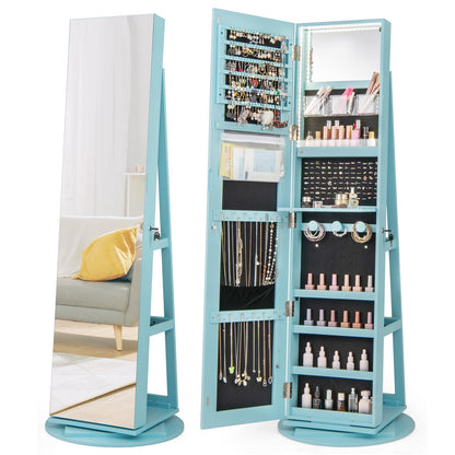 360° Rotating Mirrored Jewelry Cabinet Armoire 3 Color LED Modes Lockable