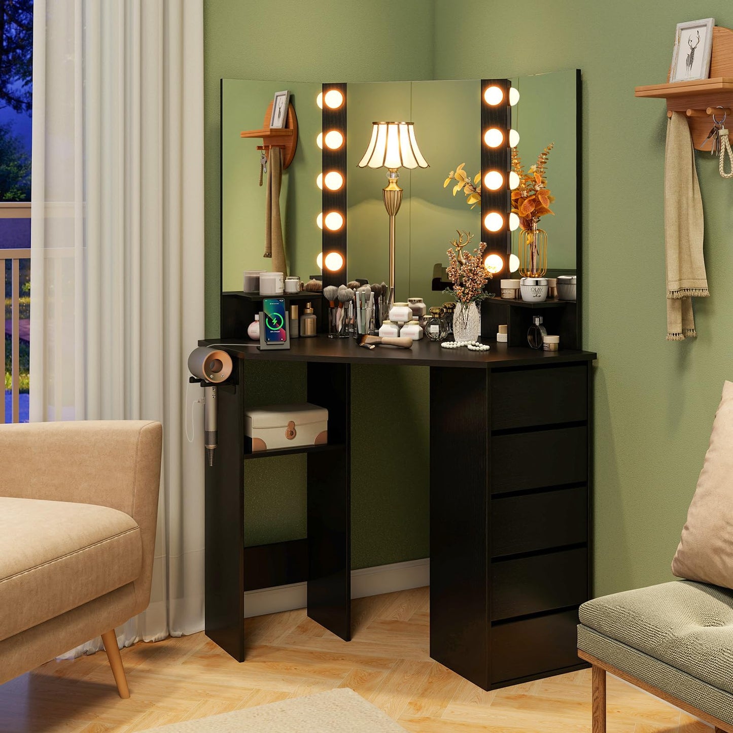 Corner Vanity Desk with Mirror and Lights for Women