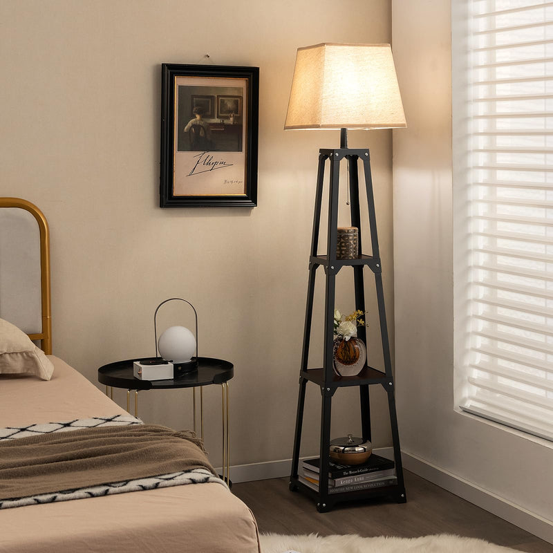 ARLIME Shelf Floor Lamp, Modern Wood Square Standing Lamp with 3 Tiers Shelves and Linen Shade