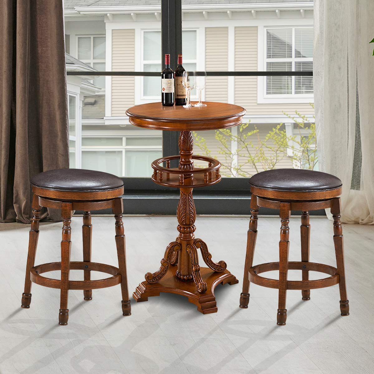 24 Inch Counter Height Round Bar Stool with 360° Swivel Cushioned Seat & Sturdy Natural Rubber Wood