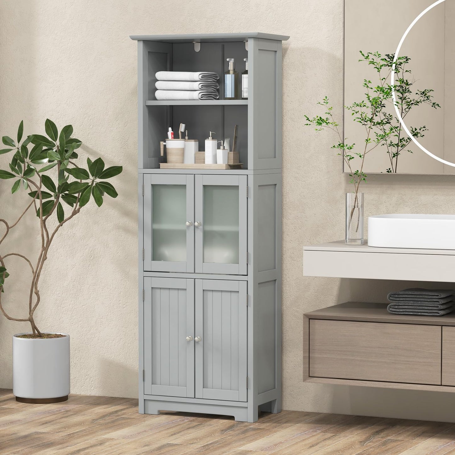 Tall Bathroom Storage Cabinet Freestanding Kitchen Pantry Cabinet with Glass Doors and Adjustable Shelf