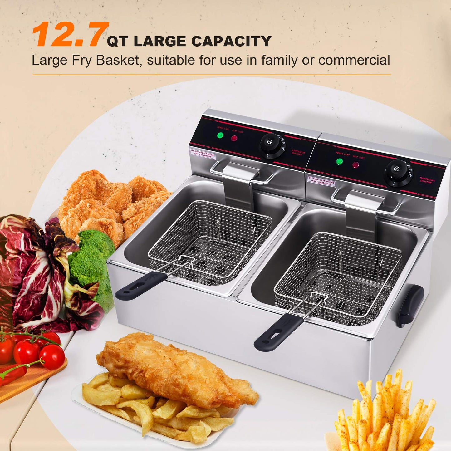 ARLIME Commercial Deep Fryer, 3400W Countertop Electric Fryers w/Basket Large Dual Tank Chicken Chips Fryer 2 x 5.8QT/5.5L