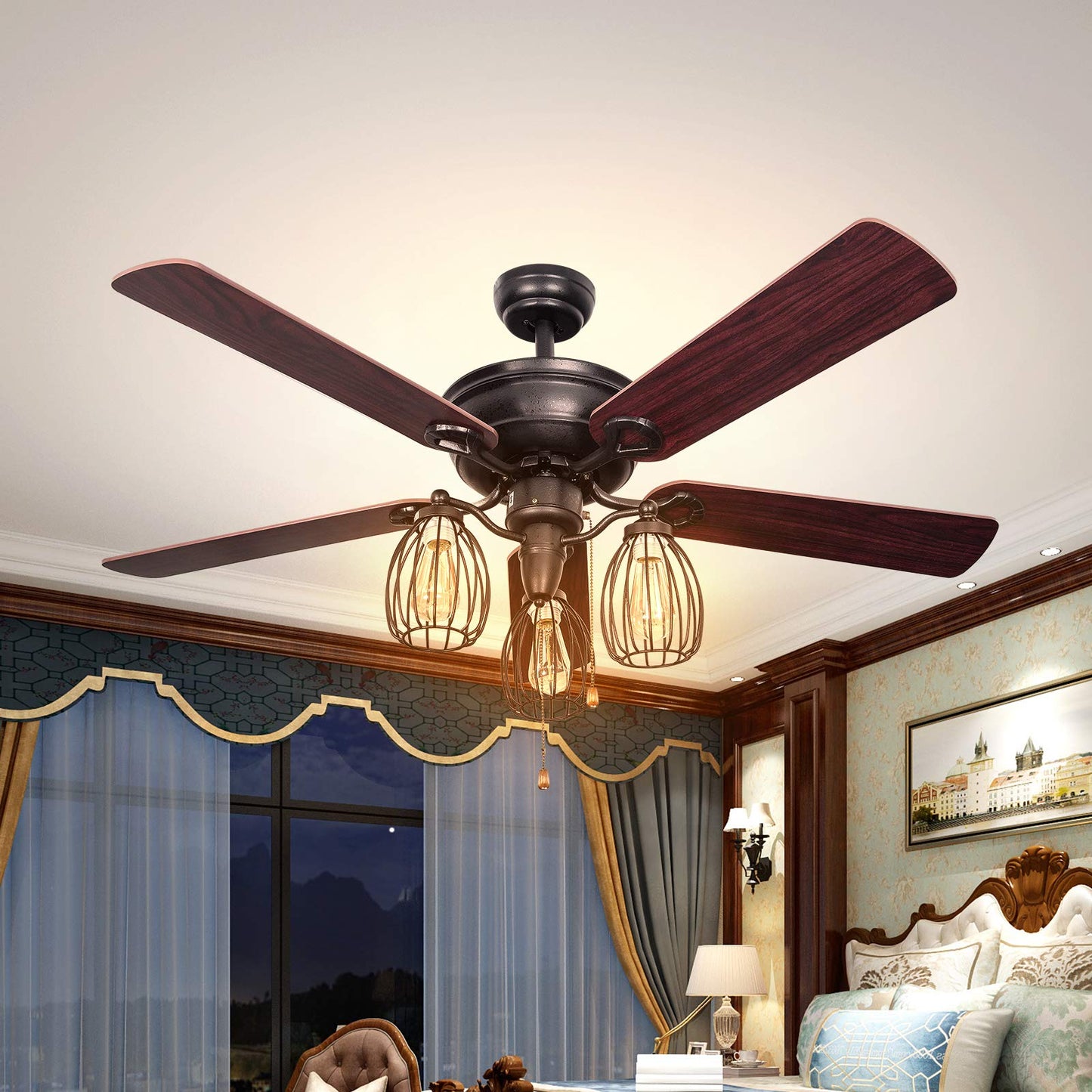52-Inch Ceiling Fan with Lights, Industrial Ceiling Fan w/ 5 Iron Blades & 3 Cage Lights