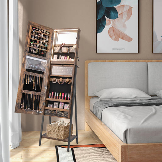 LED Full Length Mirror Jewelry Cabinet Standing Jewelry Organizer Box with 3-Color Lights