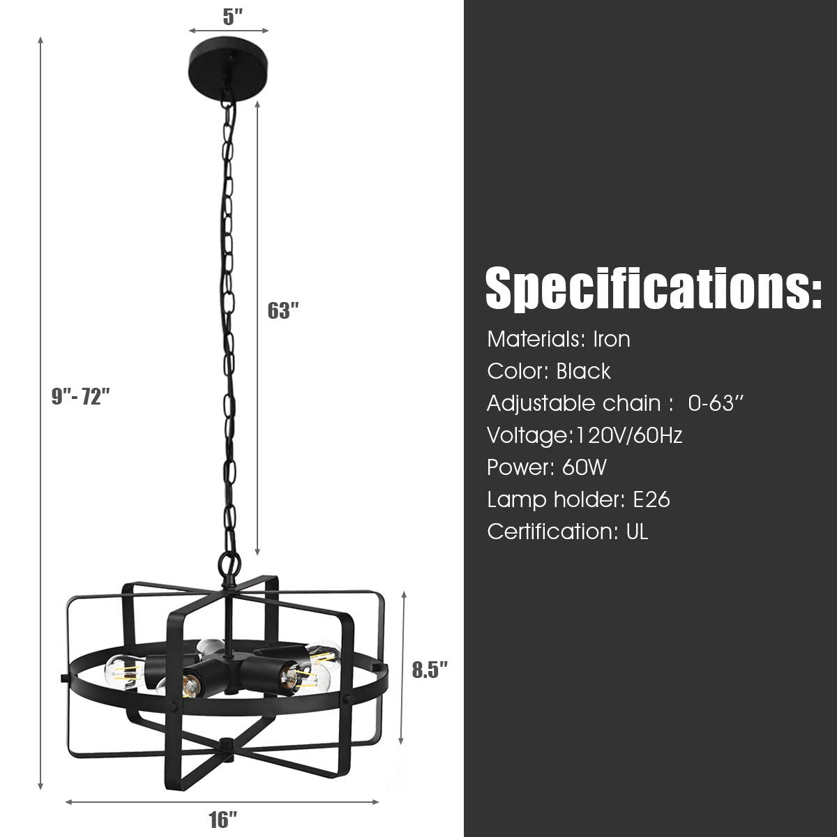 ARLIME 5 Lights Chandelier, Industrial Style Drum Shape Round Ceiling Lamp