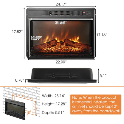 23-Inch Electric Fireplace Insert, 1400W Recessed Fireplace Heater with Remote Control, Thermostat