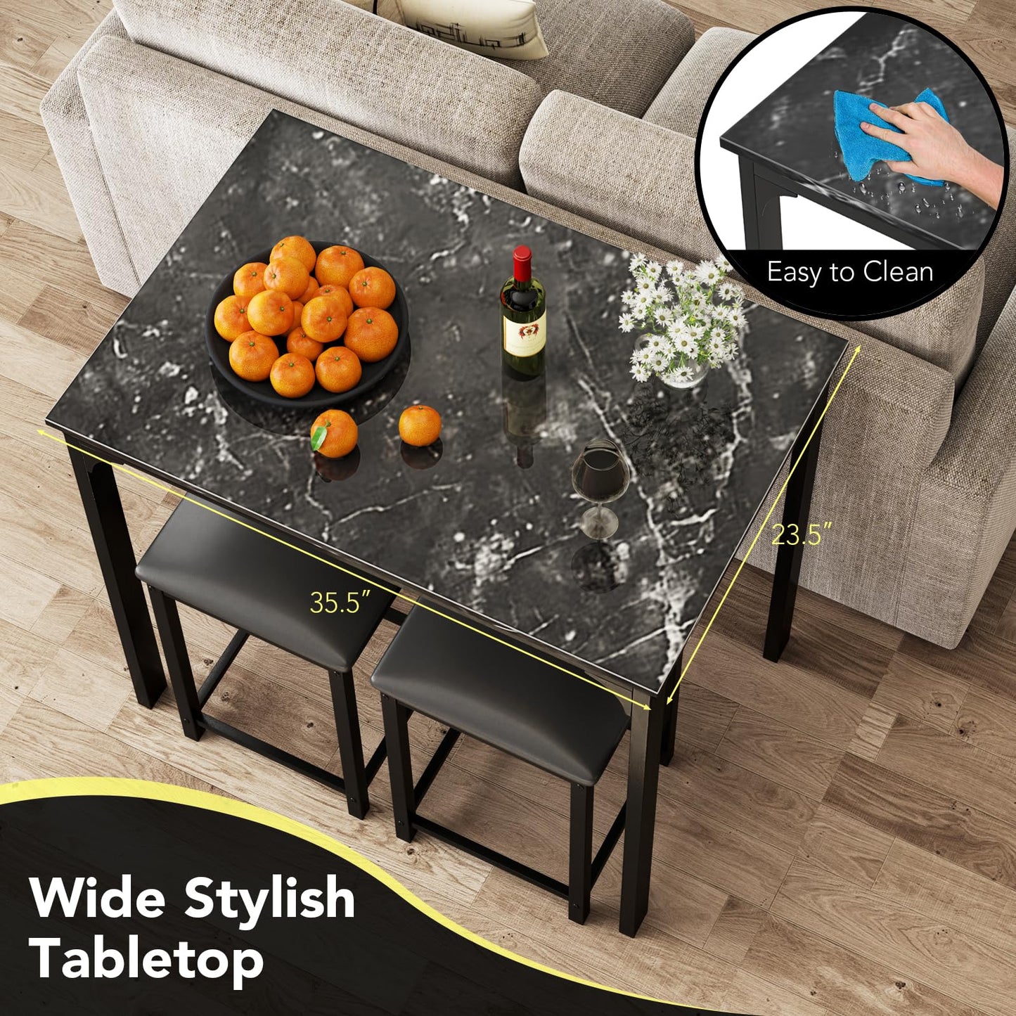 Space Saving Dinette Set w/Counter Height Table & 2 Upholstered Bar Stools