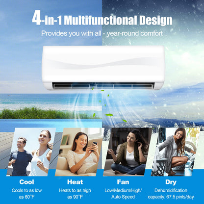 Mini Split Ac/Heating System - 18000BTU Mini Split Air Conditioner w/Heat Pump, 19 SEER2 208-230V Inverter Split AC Unit