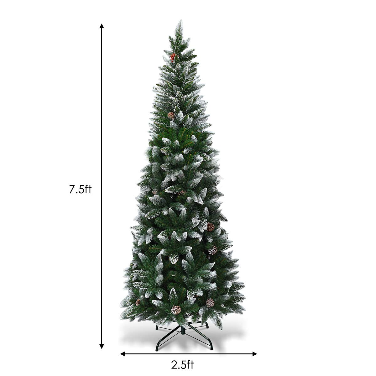 7.5FT Artificial Snow Flocked Pencil Christmas Tree Slim X-mas Tree with 720 Branch Tips
