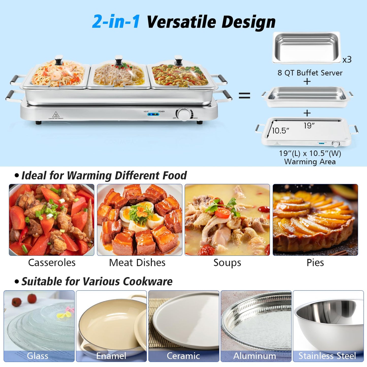 ARLIME Food Warmer Buffet Server, 450W Stainless Steel Electric Warming Tray