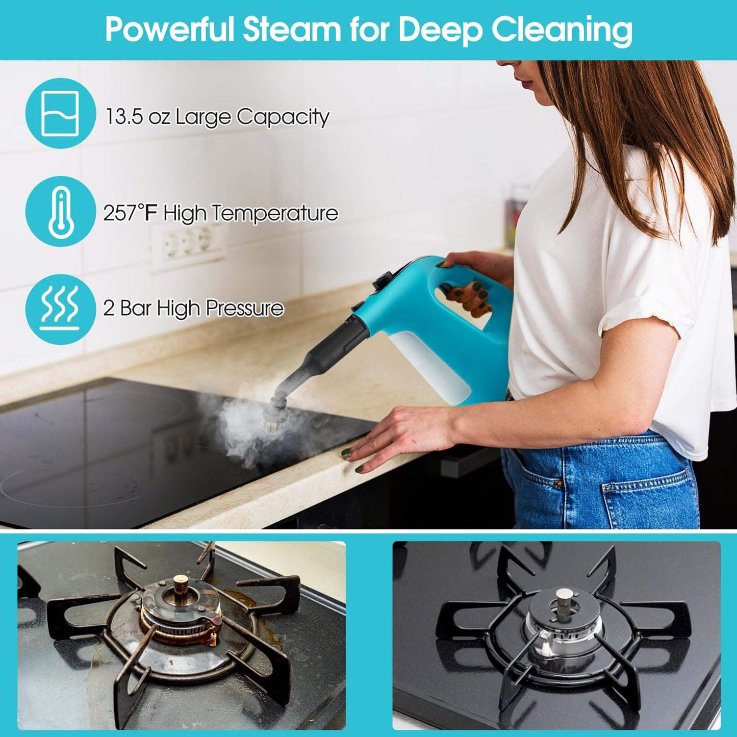 Handheld Steam Cleaner, 1400W Pressurized Steamer with 14-Piece Accessories & Child Lock