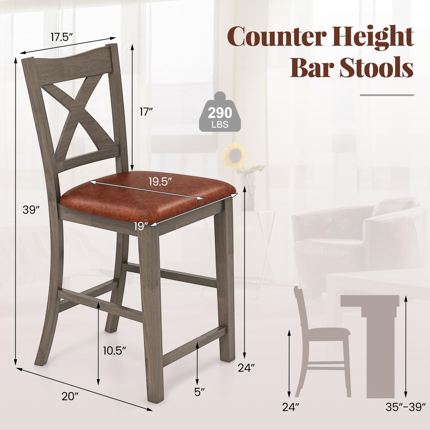 24’’ Counter Height Barstools with Rubber Wood Frame