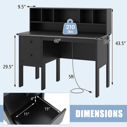 Writing Desk with USB Charging Ports & Power Outlets 48" Computer Desk with Drawers & 5-Cubby Hutch