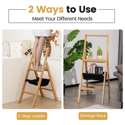 ARLIME 3 Step Bamboo Ladder Folding Step Stool with Storage Bag