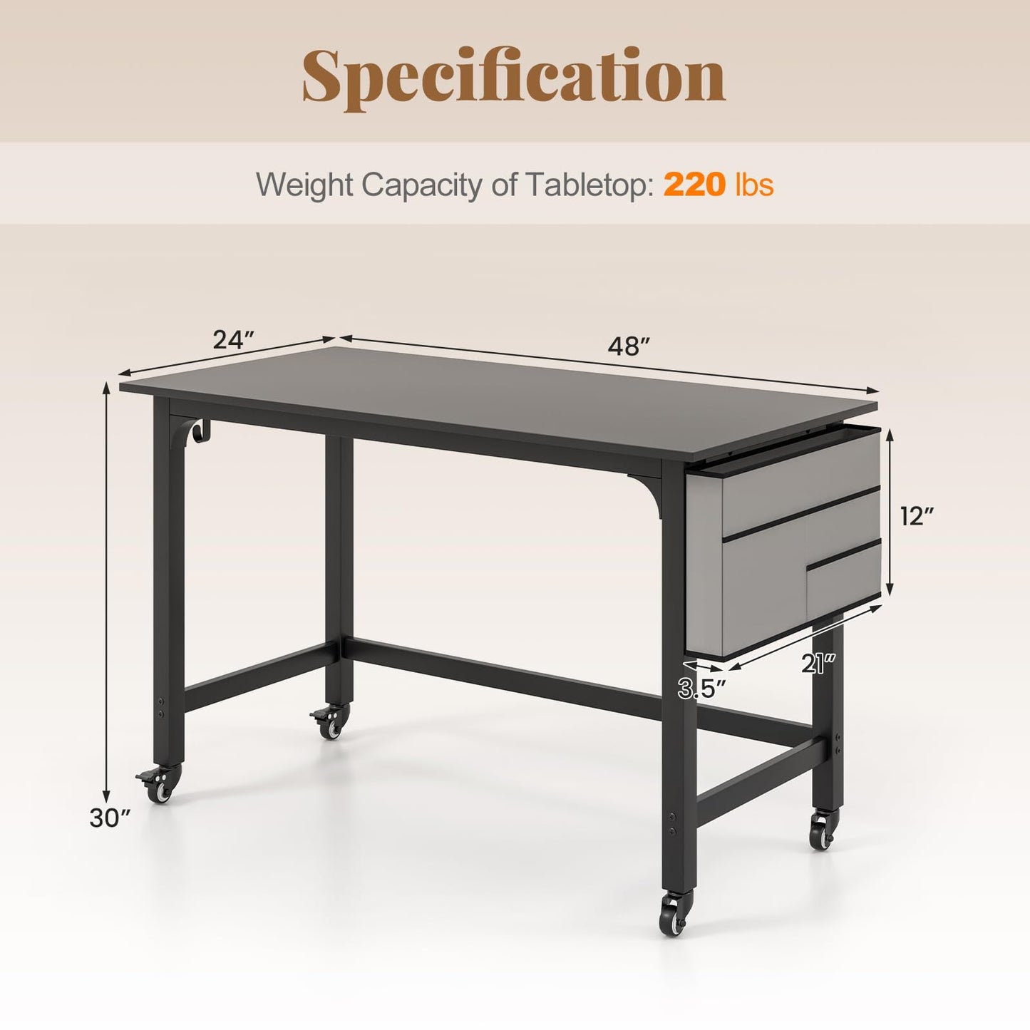 48” Mobile Computer Desk Home Office Desk on Wheels