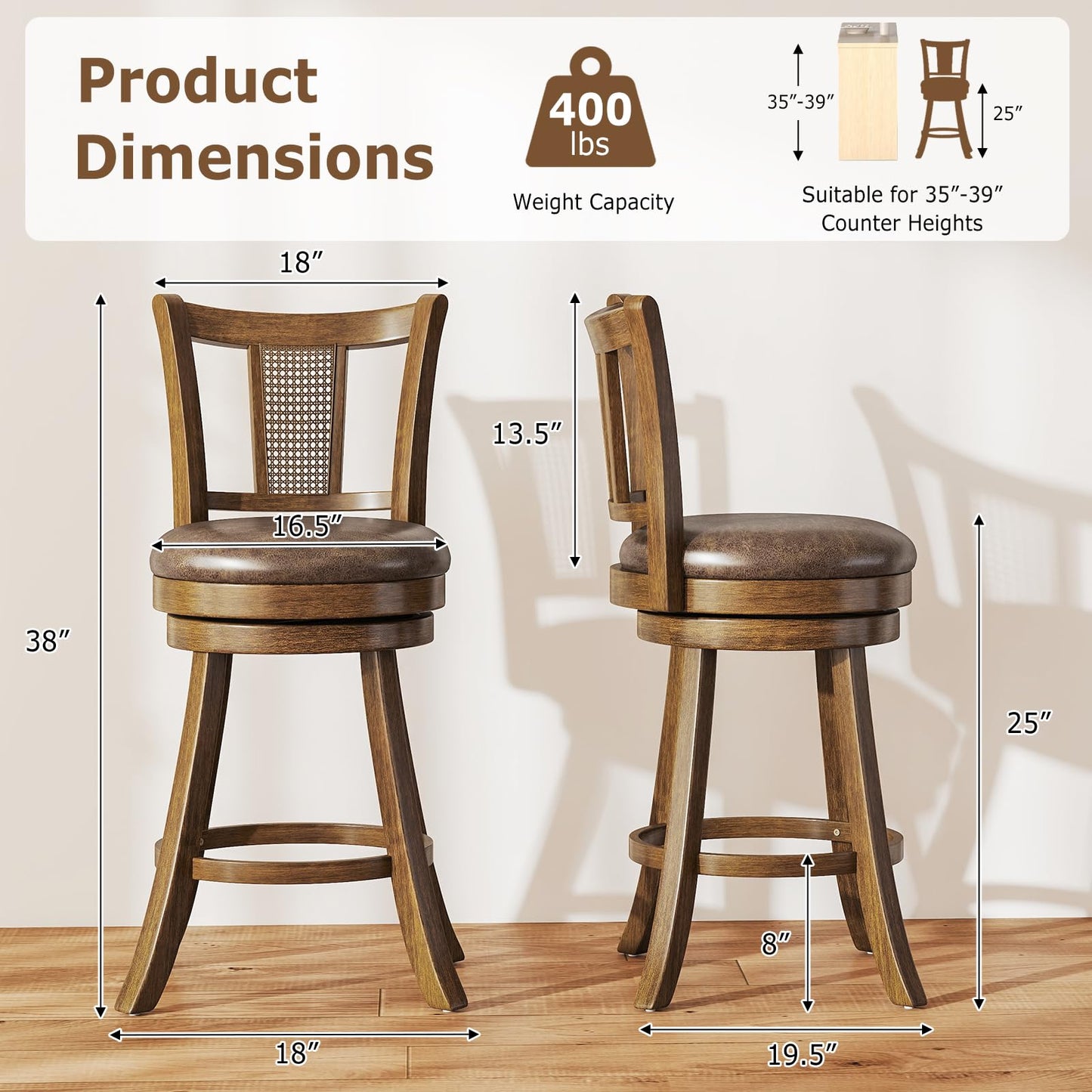 25”/30” Solid Rubber Wood Swivel Counter Chairs with Faux Leather Seat