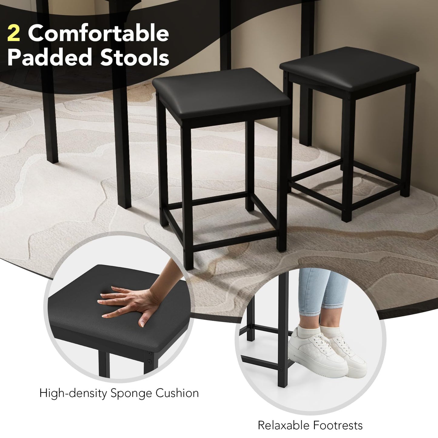 Space Saving Dinette Set w/Counter Height Table & 2 Upholstered Bar Stools