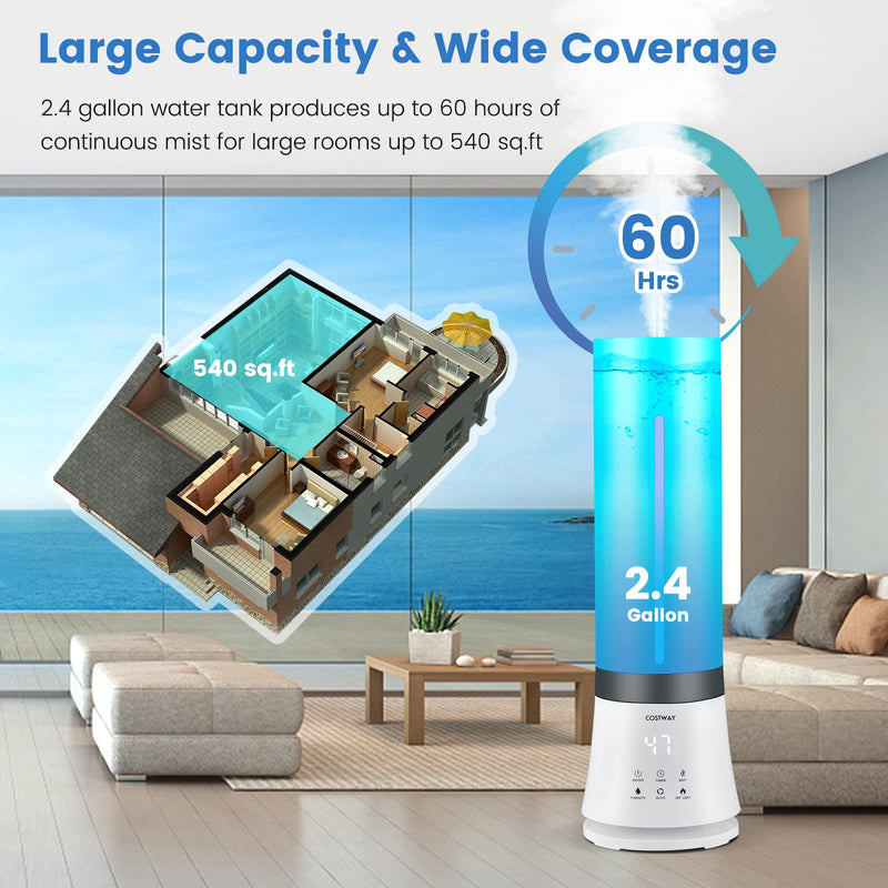 Humidifier for Bedroom Large Room, 2.4 Gallon Warm & Cool Mist Top Fill Ultrasonic Air Vaporizer with Auto Mode