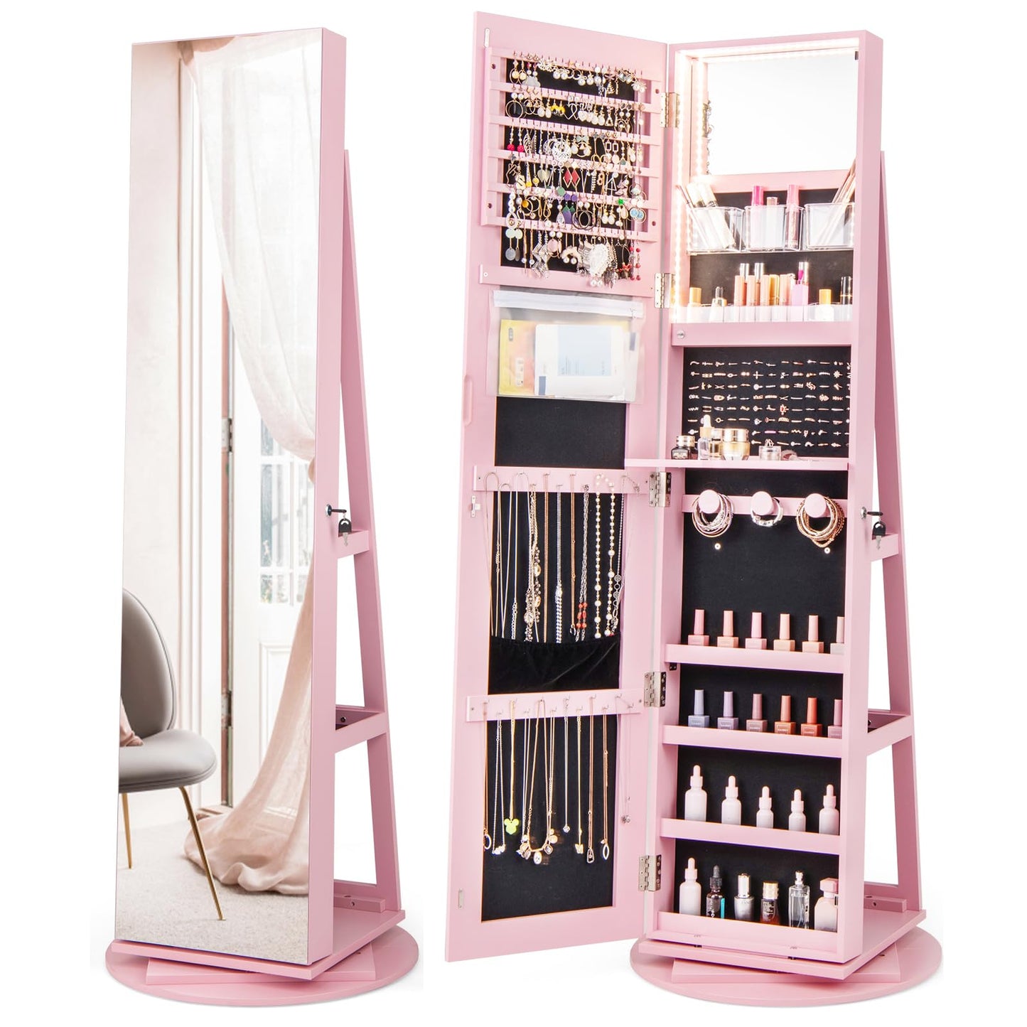 360° Rotating Mirrored Jewelry Cabinet Armoire 3 Color LED Modes Lockable