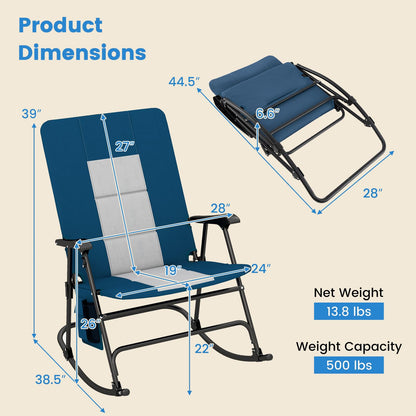 Oversized Folding Rocking Camping Chair Padded Portable Outdoor Rocker with Side Pocket and Hard Armrests for Patio